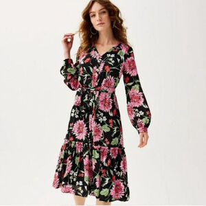 NEW Draper James RSVP Long Sleeve Tiered Midi Dress Black Floral Tie Waist XXL